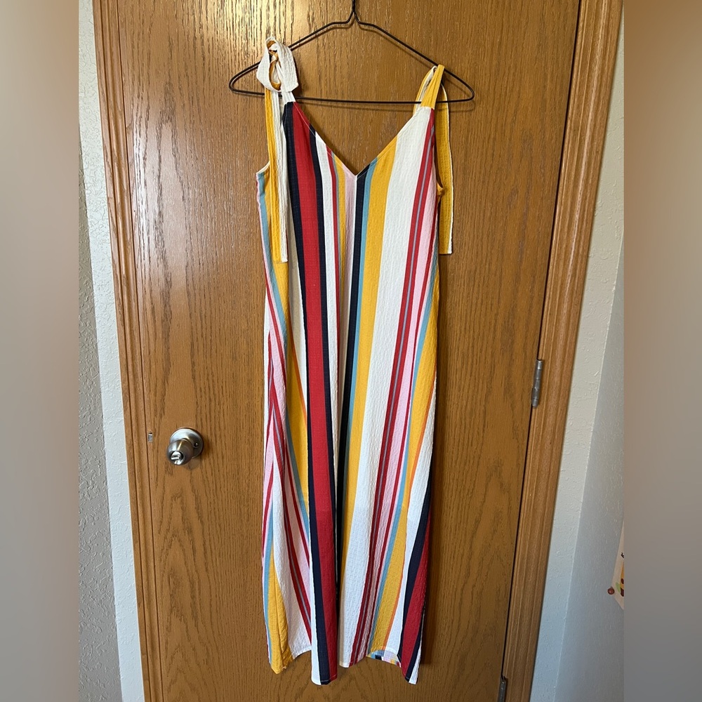 Pull&Bear Yellow, Red, White & Navy Striped Tie-Shoulder Maxi Dress
